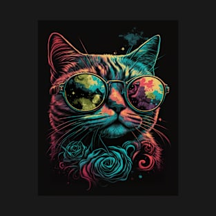 Retro Cat Art Wearing Glasses Splash Abstract Vibe Watercolor Vintage T-Shirt