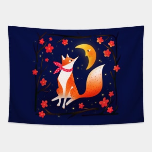 Cute fox, crescent moon and flowers, version 2 Tapestry