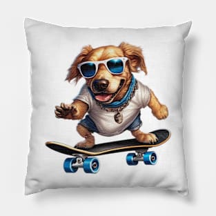 a dog riding a skateboard wearing sunglasses Pillow