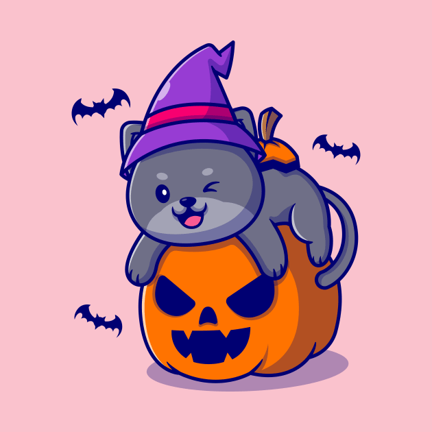 Cute Witch Cat Hug Pumpkin Halloween Cartoon by Catalyst Labs