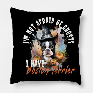 Boston Terrier Dog Ghost Guardian Vintage Halloween Funny Pillow