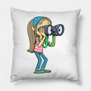 girl with a scarf in her hair looks carefully into the distance with binoculars Pillow