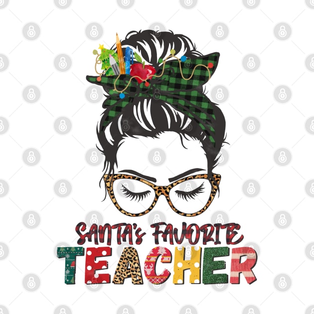 Santa's Favorite Teacher Messy Bun Buffalo Plaid Christmas Gift by BadDesignCo