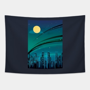 Blue City Night Moon Tapestry