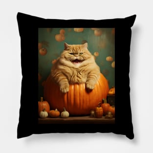 Retro Vintage: Chubby Cat and Pumpkin - Whimsical Autumn Halloween Delight Pillow