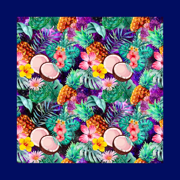 tropical pineapple exotic botanical illustration with floral tropical fruits, dark purple fruit pattern over a by Zeinab taha