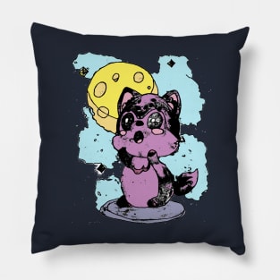 Cute Kawaii Howling Wolf Full Moon Weathered Edit Pillow