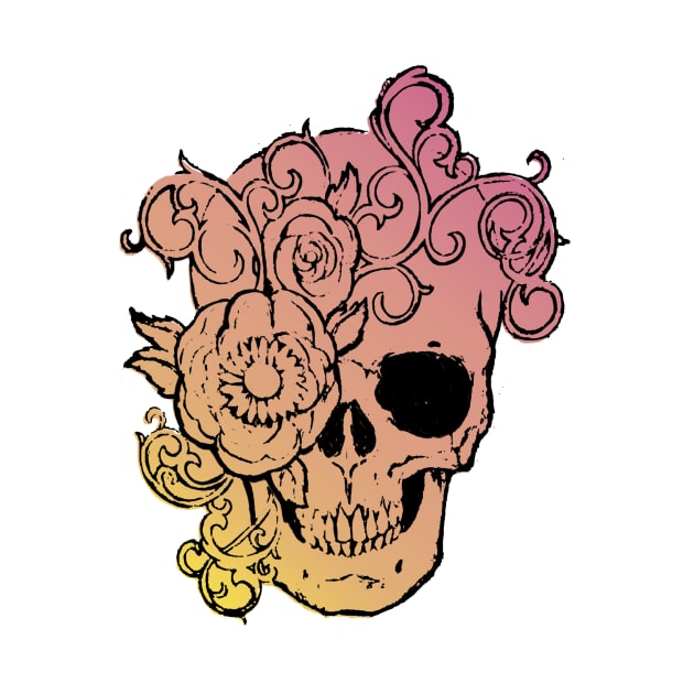 Filigree Skull With Flower Yellow to Pink Fade Original Art by ckandrus