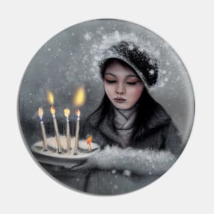 Woman Carrying Candles in a Snowy Day , Winter Mood Pin