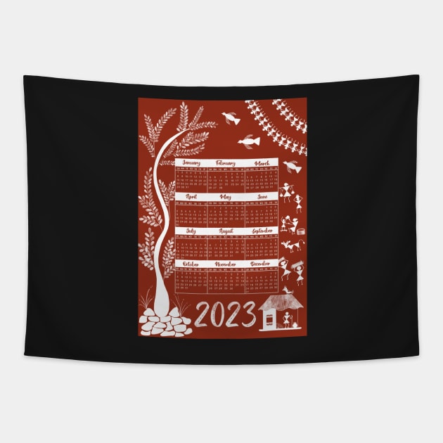 2023 Indian calendar, folk art, calendar, Warli art calendar Tapestry by HariniArts