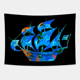 Galaxy Shores Exploration Liquid Art Sailing Ship Silhouette Tapestry