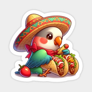 cute love birds are eating Mexican specialties, Tacos, Burritos, Enchiladas, Quesadillas, Guacamole, Fajitas, Chiles Rellenos, Tamales, Mole, Chilaquiles, Magnet