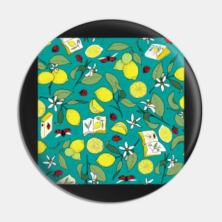 lemons, books and ladybugs on teal Pin