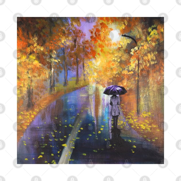 Dreamy umberella girl walking in the rain Moody Autumn rainy day by Tina