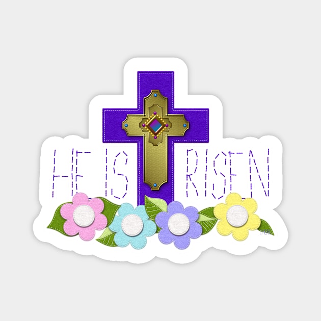 Purple Cross HE IS RISEN Felt Look Flowers by Cherie(c)2021 Magnet by CheriesArt