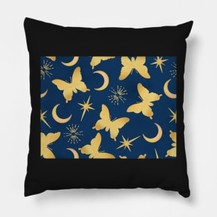 Gold Stamped Butterflies and Sunbursts on Blue Pillow