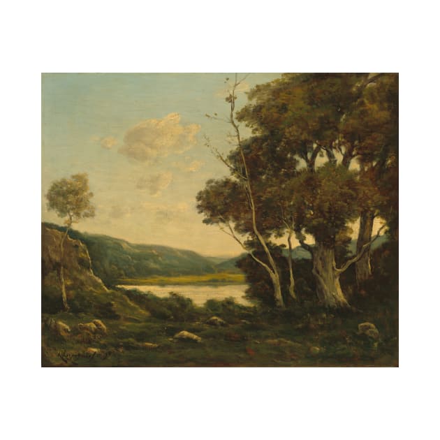 Tranquil Landscape Painting - Classic French Artwork with Trees, Water, and Hills by opptop