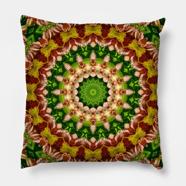Mandala Kaleidoscope in Shades of Red, Green, and Yellow Pillow by Crystal Butterfly Creations
