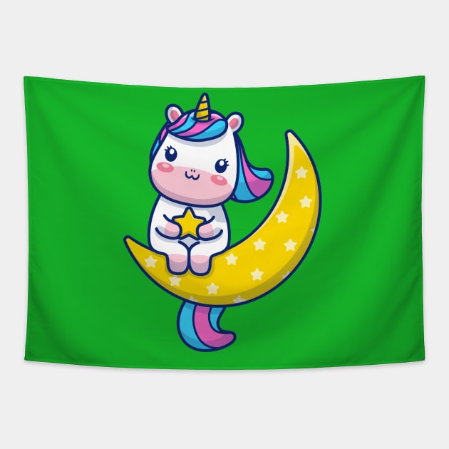 Cute Unicorn Sitting On Moon With Star Cartoon Tapestry by Catalyst Labs