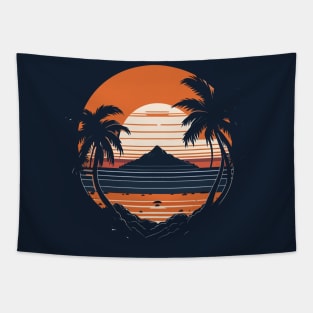 Retro Vintage sunset beach mountain ocean and palm Tapestry
