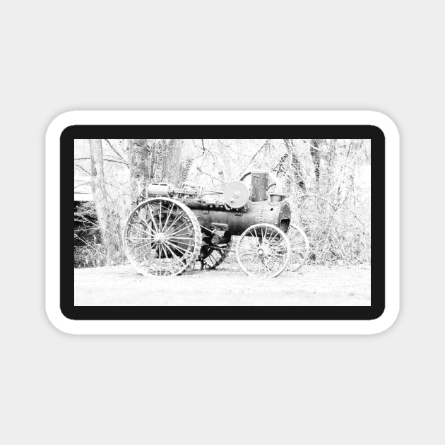 vintage Vernonia Christmas old fashioned steam tractor black and white Magnet by DlmtleArt