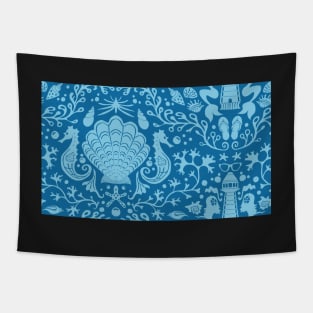 blue summer beach damask pattern with seashells Tapestry