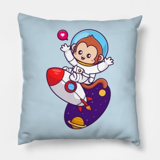 Cute Monkey Astronaut Flying With Rocket In Space Cartoon Pillow