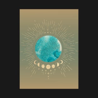 Gold and Blue Earth and Moon Cycle Graphic T-Shirt