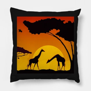 Giraffes in African Savanna Landscape Pillow