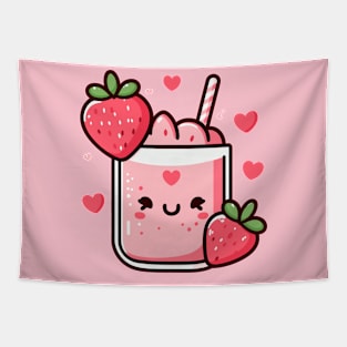 Kawaii Strawberry Milkshake with Strawberries and Hearts | Kawaii Food Art Tapestry