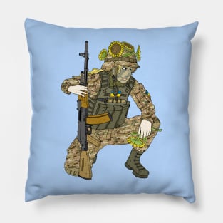 a ukrainian soldier with sunflowers and a flag. Pillow