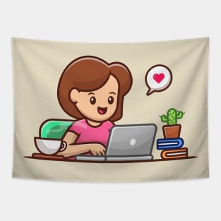 Woman Operating Laptop With Coffee Tapestry