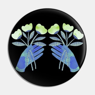 Blue hands with green flowers for yous for you on black background Pin