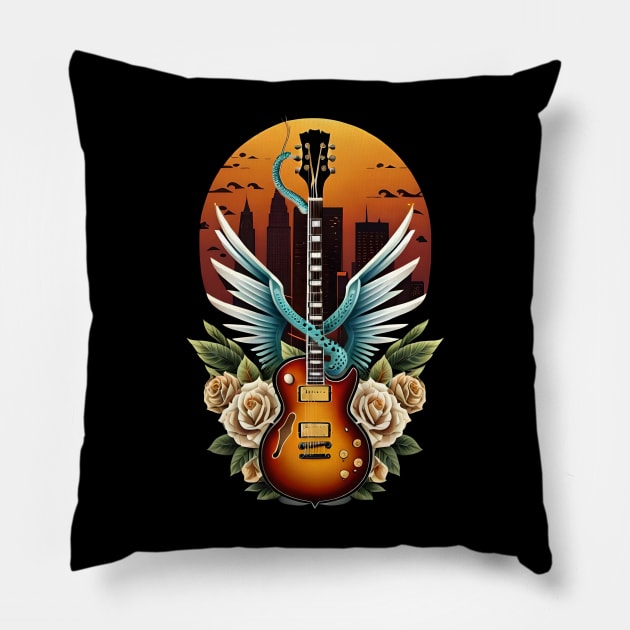 Electric guitar with wings 10 Pillow by Dandeliontattoo