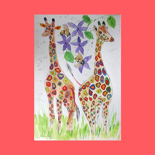 Colourful Giraffes among purple flowers and bumble bees by Casimirasquirkyart