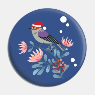 Pretty Holiday Flowers and Finch in Christmas Santa Hat Pin