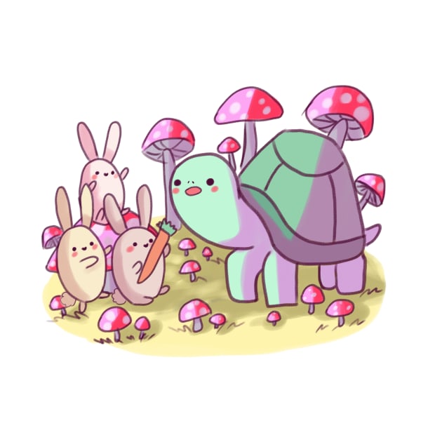 Cute bunnies and turtle with mushrooms by Mayarart