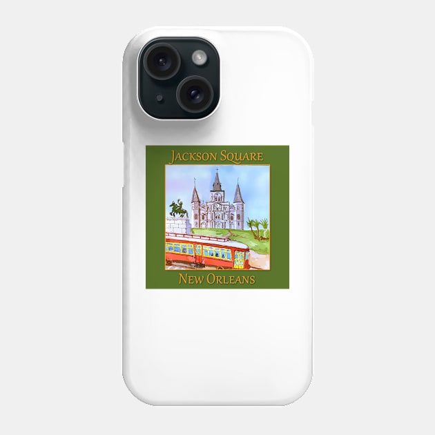 St. Louis Cathedral, and street car as seen in Jackson Square New Orleans Phone Case by WelshDesigns