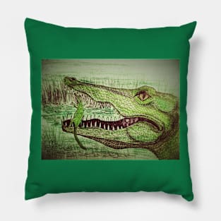 Alligator with baby gator in mouth Pillow