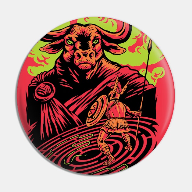 Cool Minotaur and Labyrinth Greek Mythology Pin by SLAG_Creative