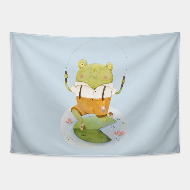 Rope Skipping Frog Tapestry by judithloske