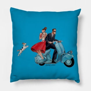 Scooter Couple and Dogs Pillow