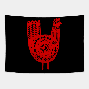 Folk Art Chicken in Red Tapestry