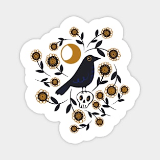 Crow on Skull under the Moon Surrounded by Flowers Magnet