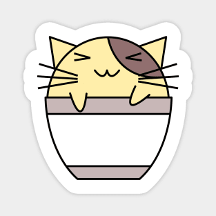 Happy cat in coffee cup with warped text yellow and brown Magnet