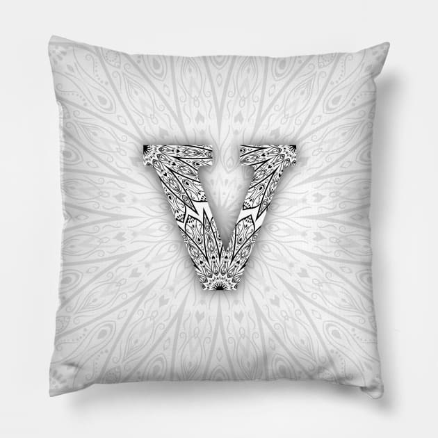 'V' Intricate Pattern Pillow by grafi_doodles