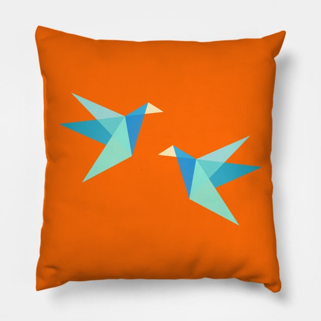 Blue and Orange Paper Cranes Pillow by XOOXOO