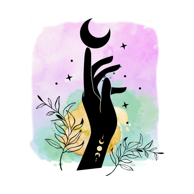 Goddess Hand and moon with watercolor background by artofstacy