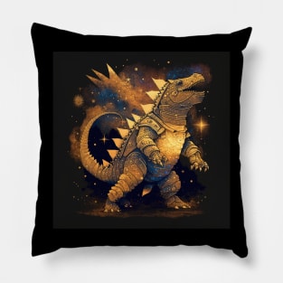 golden armor dinosaur dragon kaiju ecopop art in starry galaxy wallpaper Pillow