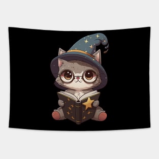 Magical Cat with a Spellbook - Adorable Magic Cat Cartoon Tapestry